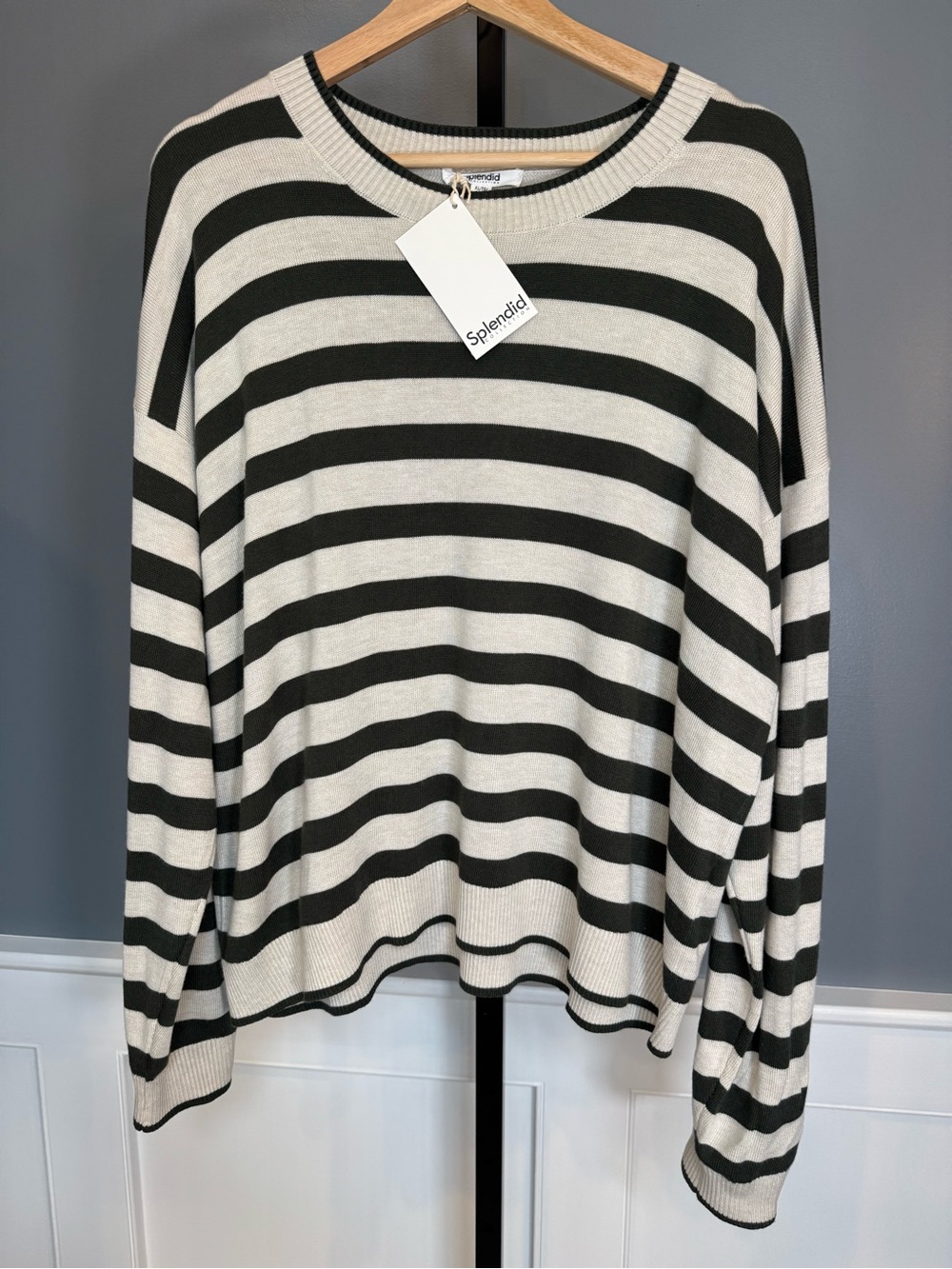 Splendid Georgie Stripe Pullover Sweater Cashmere Blend Green XL NWT